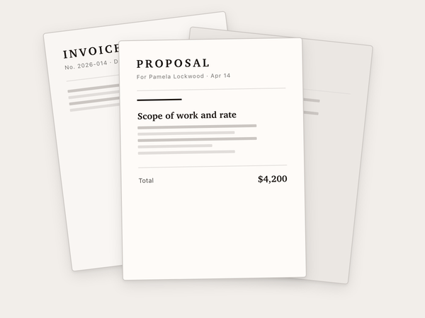 A stack of three documents on a desk: a proposal for Pamela Lockwood on top with a four thousand two hundred dollar total, an invoice behind it, and a contract underneath.