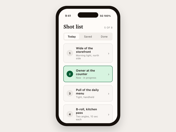 A phone showing a Shot list app screen: the second of four numbered items, Owner at the counter, is highlighted as in progress, with three others underneath it.