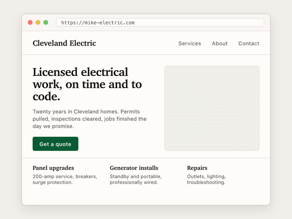 A browser window showing the Cleveland Electric website: a Licensed electrical work hero line, a green Get a quote button, and three service columns for panel upgrades, generator installs, and repairs.